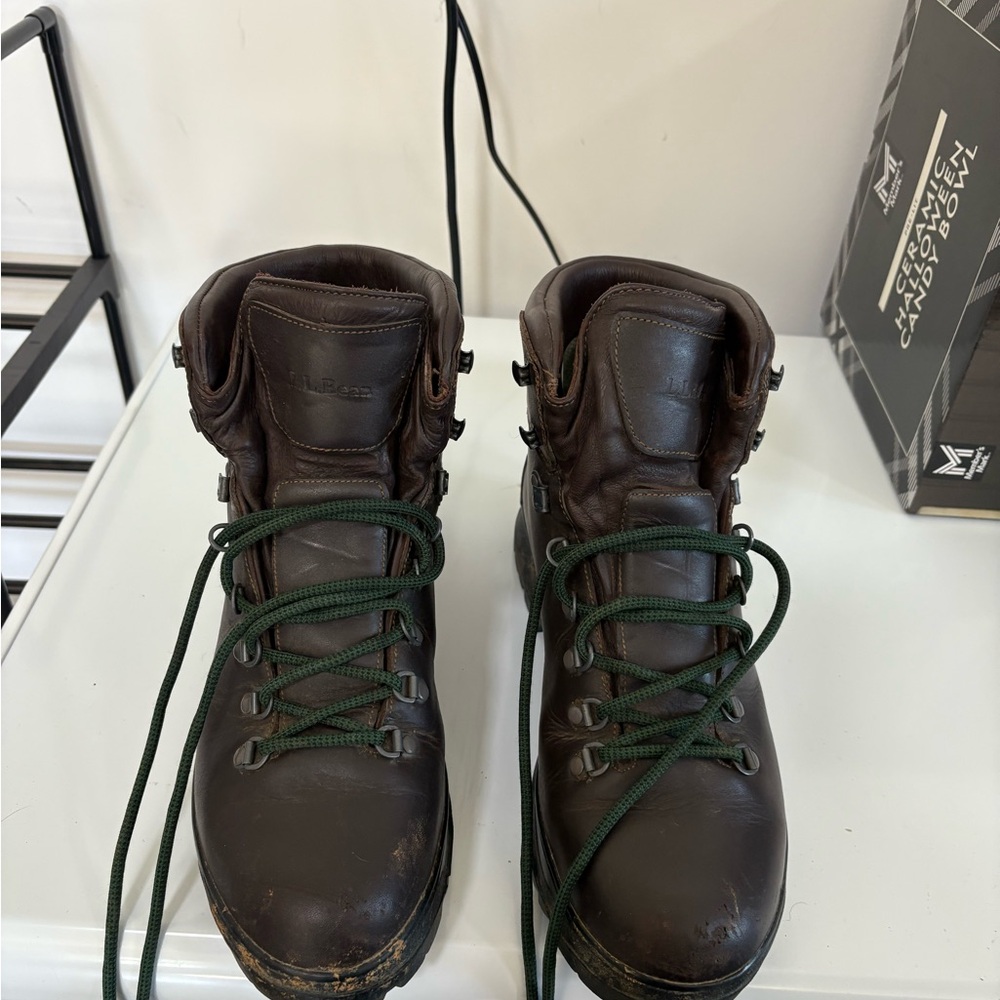 L.L. Bean Men's Dark Brown Leather Boots with Green Laces